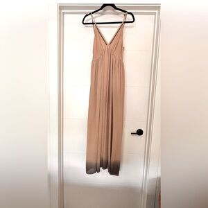 Beulah Tan Pleated Maxi Dress V-Neck